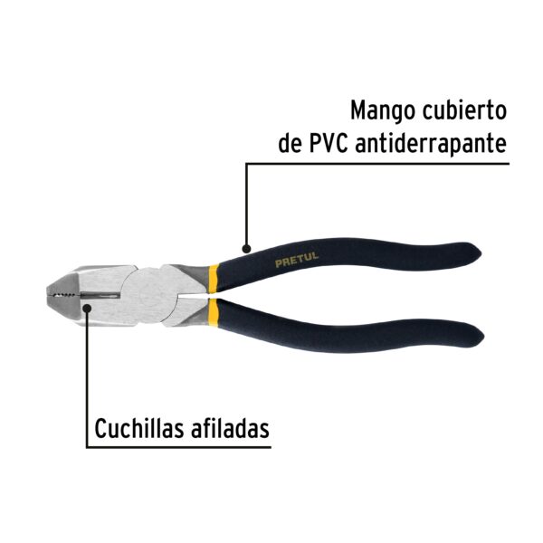 Pinza para electricista 9" uso rudo, mango de PVC, Pretul 22612 - Imagen 3