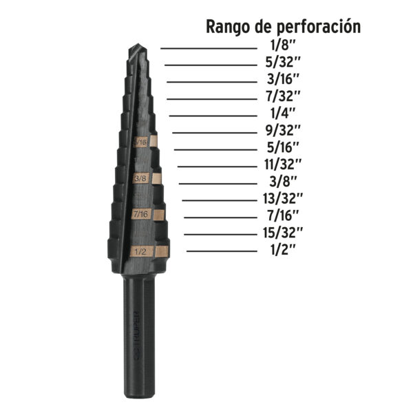 Broca escalonada óxido negro 13 escalones 1/8" a 1/2”,Truper 12122 - Imagen 4