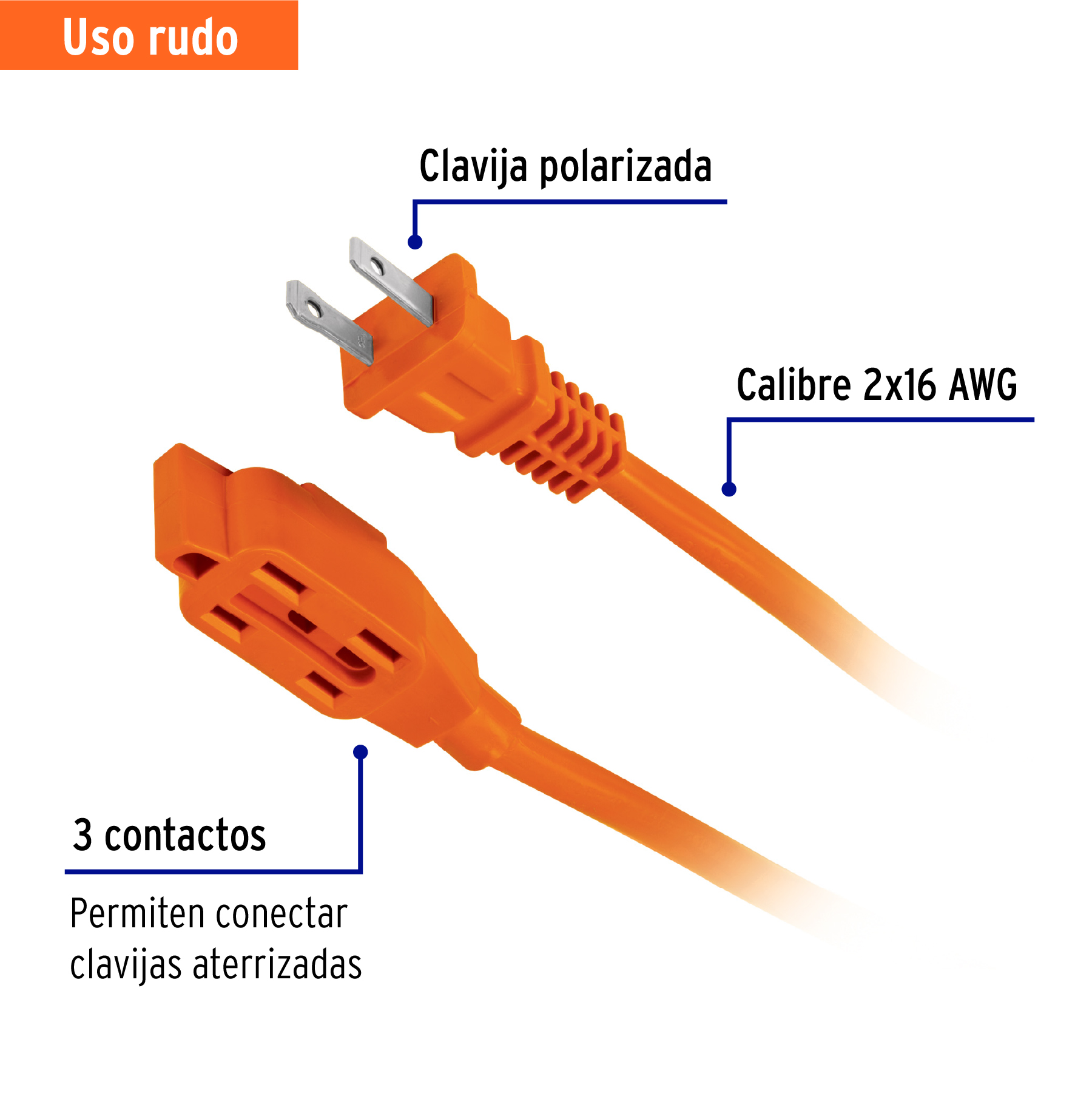 Extensión eléctrica de uso rudo 8 m 2x16 AWG, Volteck 48045