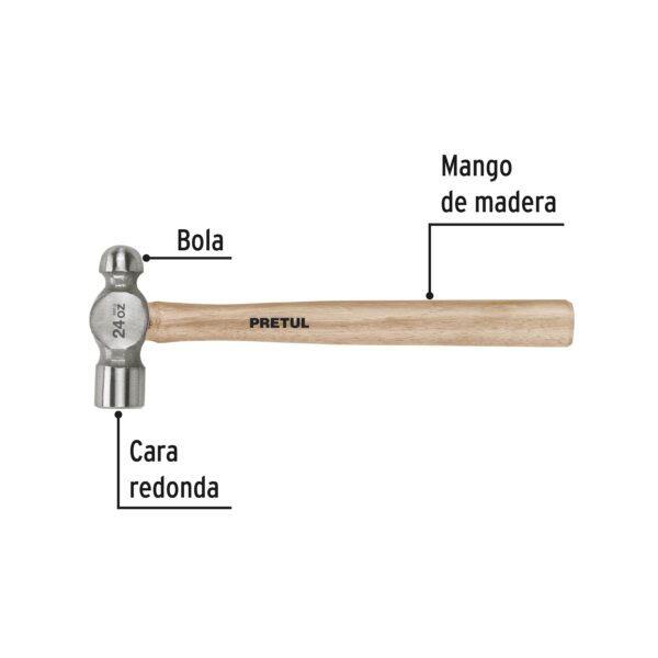 Martillo pulido de bola 24 oz mango madera, Pretul 22659 - Imagen 2