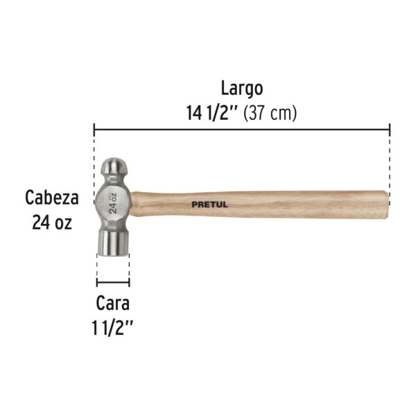 Martillo pulido de bola 24 oz mango madera, Pretul 22659 - Imagen 3
