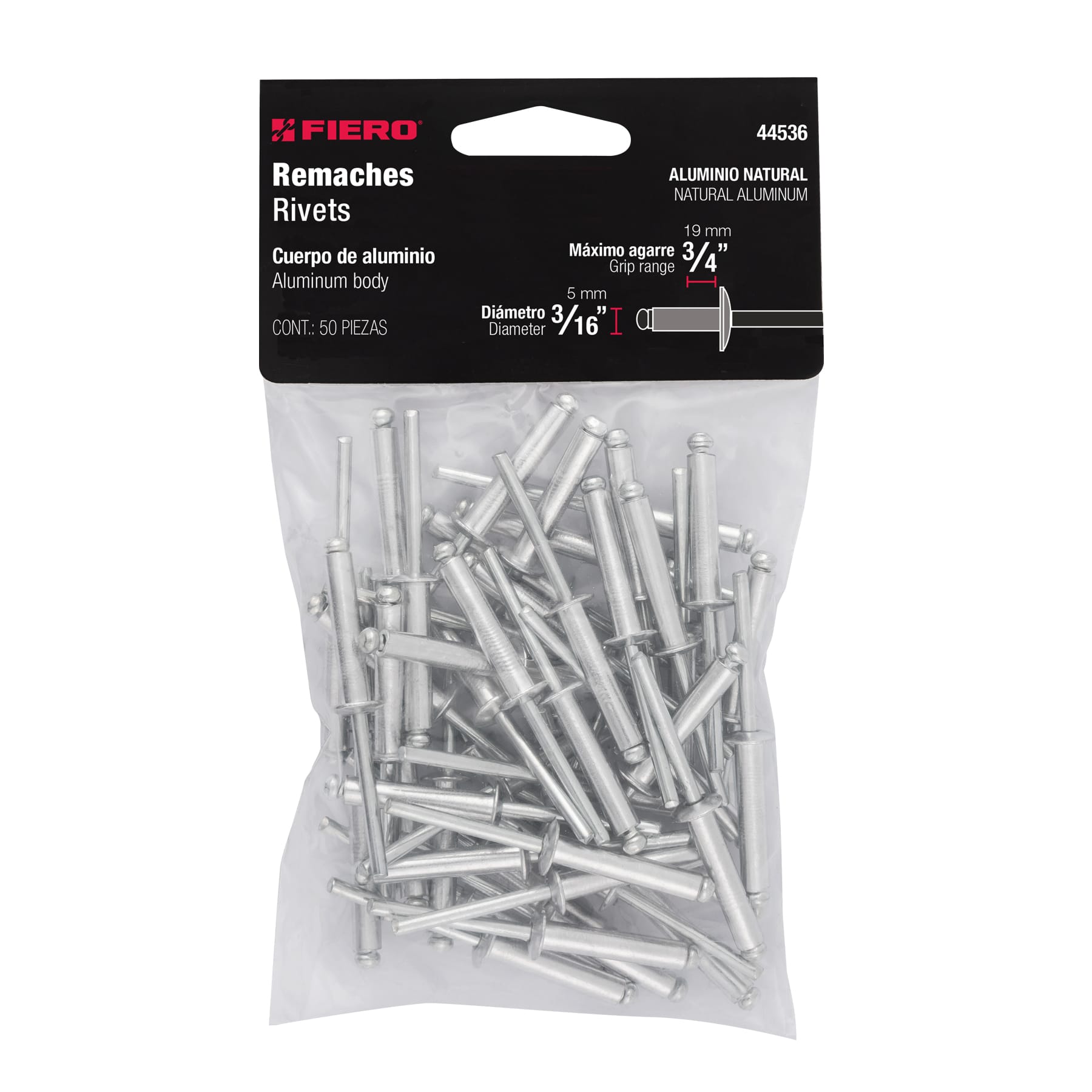 Bolsa con 50 remaches 3/16" x 3/4" de aluminio, ala 3/8" 44536 - Imagen 2