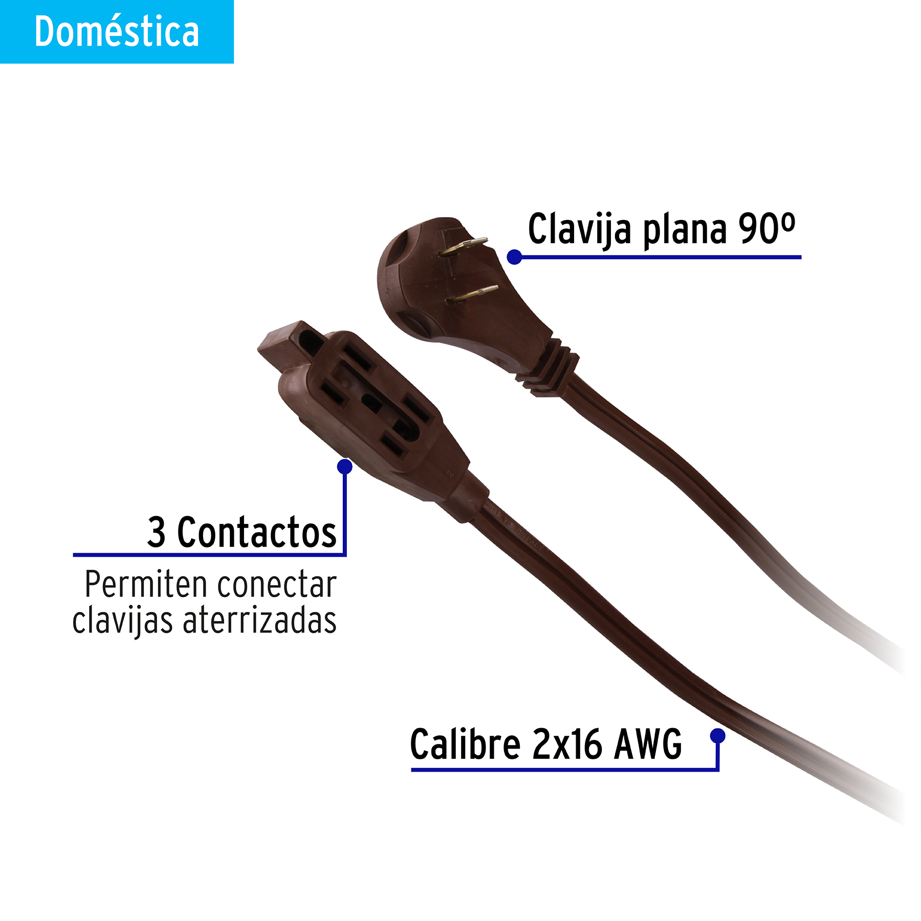 Extensión eléctrica doméstica 6 m café con clavija plana 48025 - Imagen 3