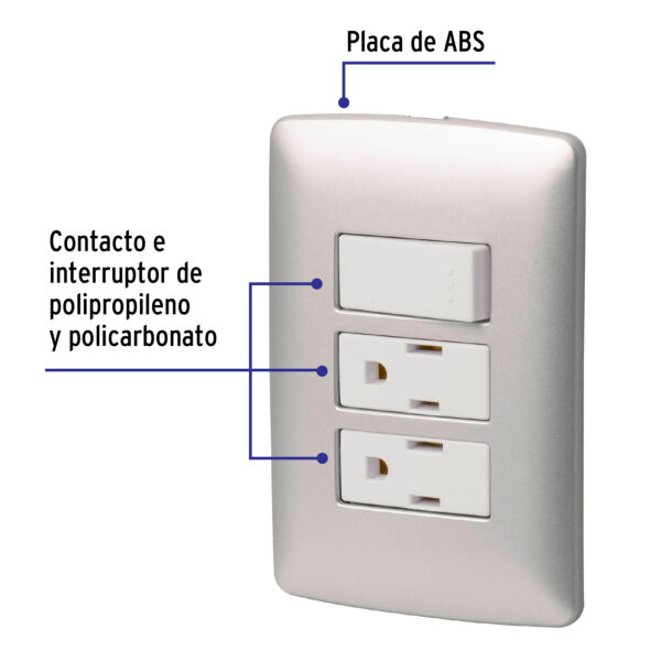 Placa armada 2 contactos e interruptor,plata, línea Italiana 46475 - Imagen 3
