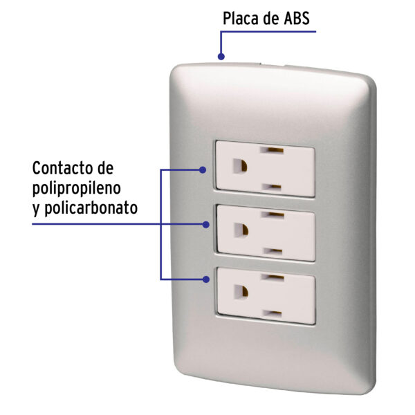 Placa armada 3 contactos aterrizados, plata, línea Italiana 46476 - Imagen 3