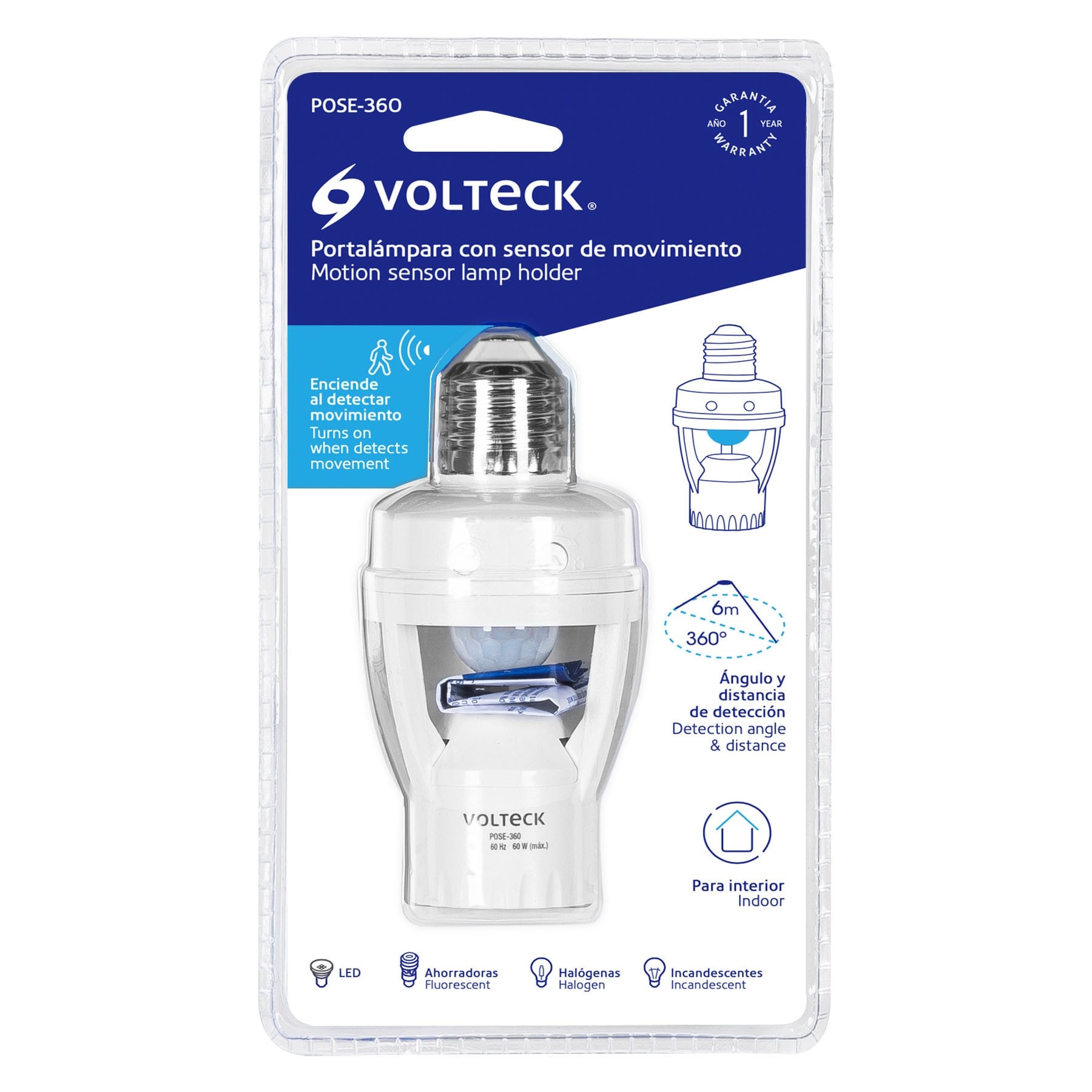 Portalámpara con sensor de movimiento 360°, Volteck 46274
