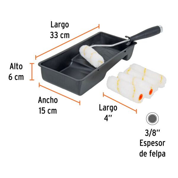Kit de rodillo para pintar, 4" (maneral, charola y felpa) 15023 - Imagen 4